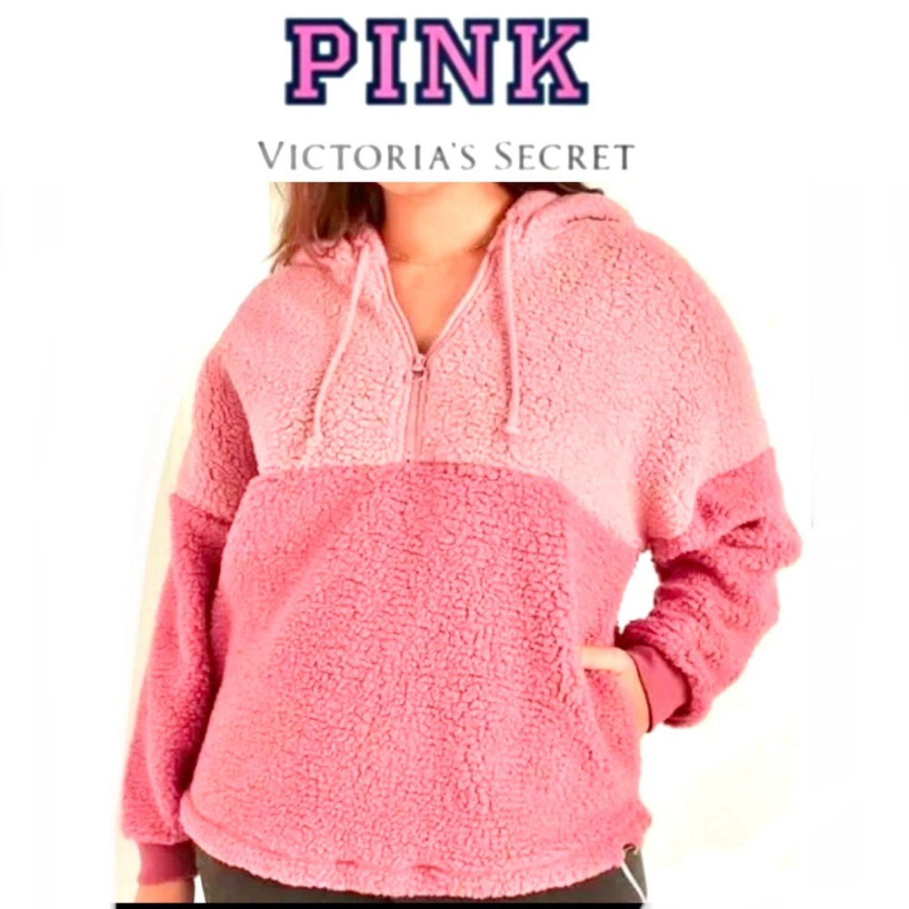 PINK VICTORIA SECRET Sherpa Half Zip Hoodie 2 tone pink size S runs big NWOT